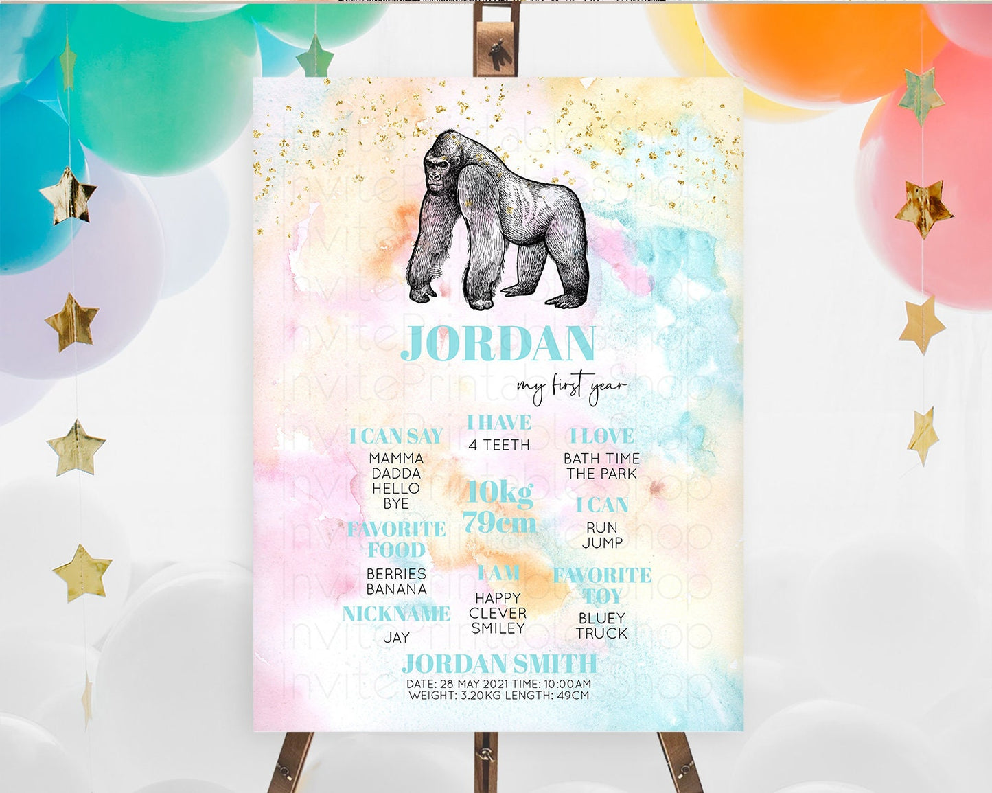 Pastel Gorilla First Birthday Milestone Board Gorilla Milestone Poster Colorful Rainbow Pastel Watercolor 1st Birthday Welcome Sign D10284