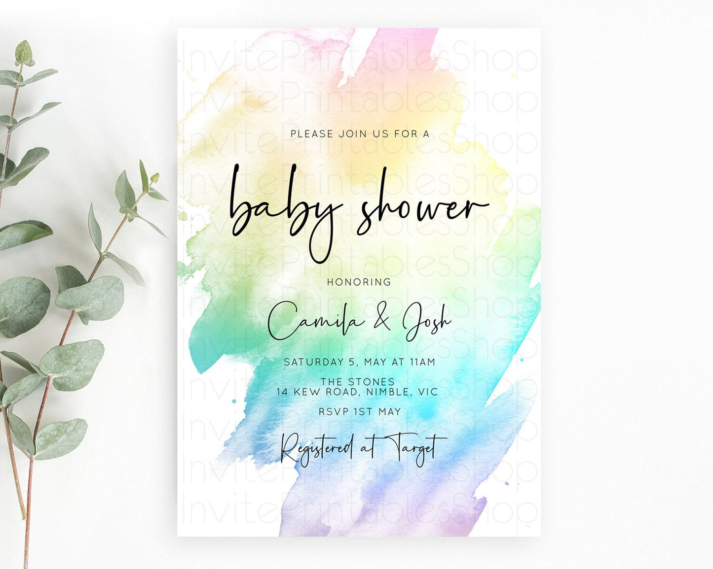 Pastel Baby Shower Invitation Rainbow Baby Shower Invitation Colorful Pastel Watercolor Invitation Gold Glitter Sprinkles Ombre D10279