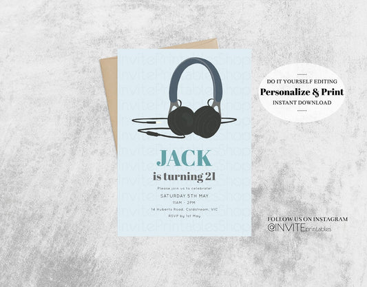 21st DJ Birthday Invitation DJ Headphones Invite Techno House Dance Music Club Disco Electro Funk DJS 16th 18th 30th 40th 50th Invite 346