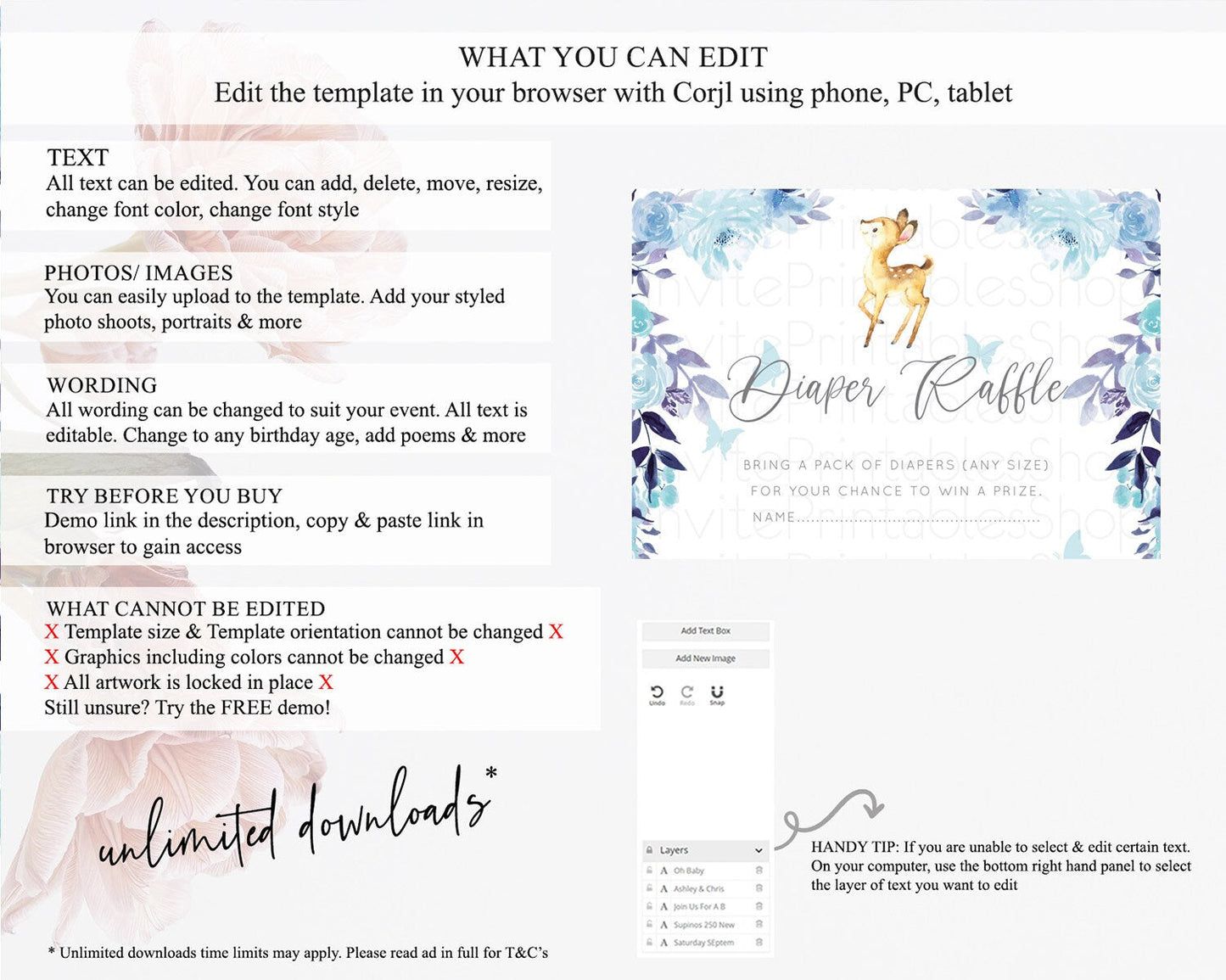Fawn Diaper Raffle Card Deer Diaper Insert Floral Deer Diaper Ticket Enchanted Forest Butterfly Pastel Baby Shower Raffle Game D10917