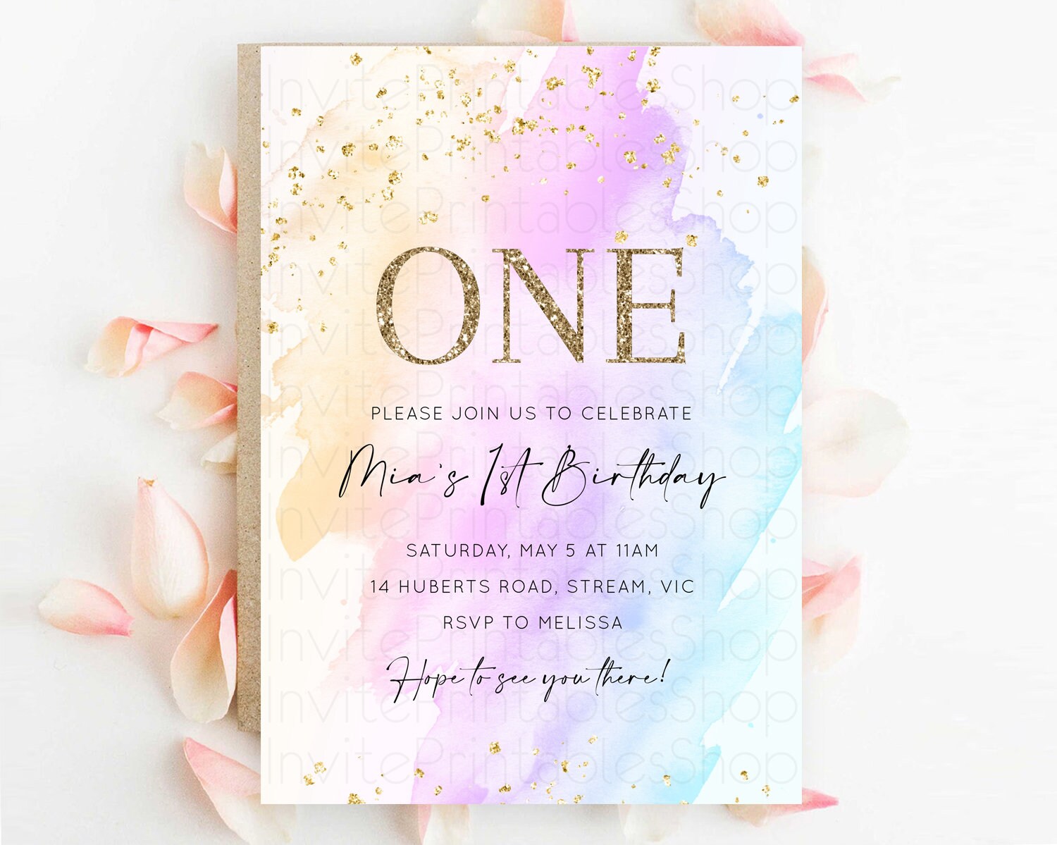 Editable Rainbow Birthday Invitation Colorful Pastel Watercolor Invitation G