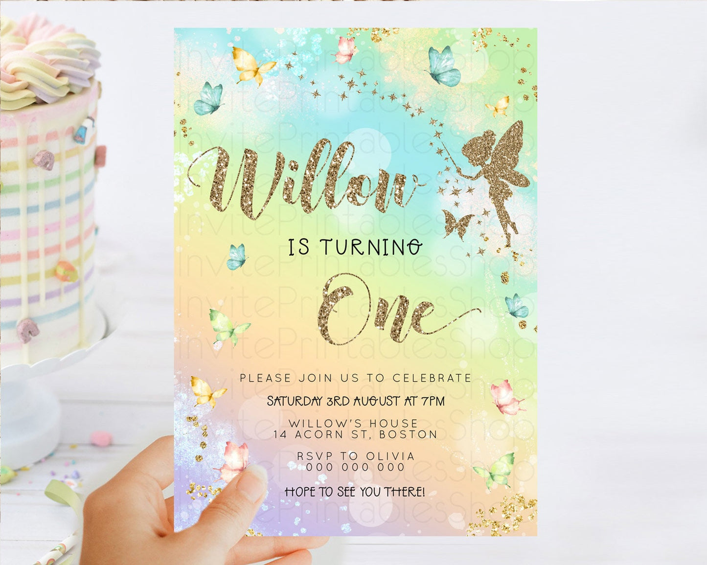 Pastel Fairy Birthday Invitation Pastel Butterflies Fairy Birthday Invitation Rainbow Ombre Watercolor 1st 2nd Birthday Invitation D23154