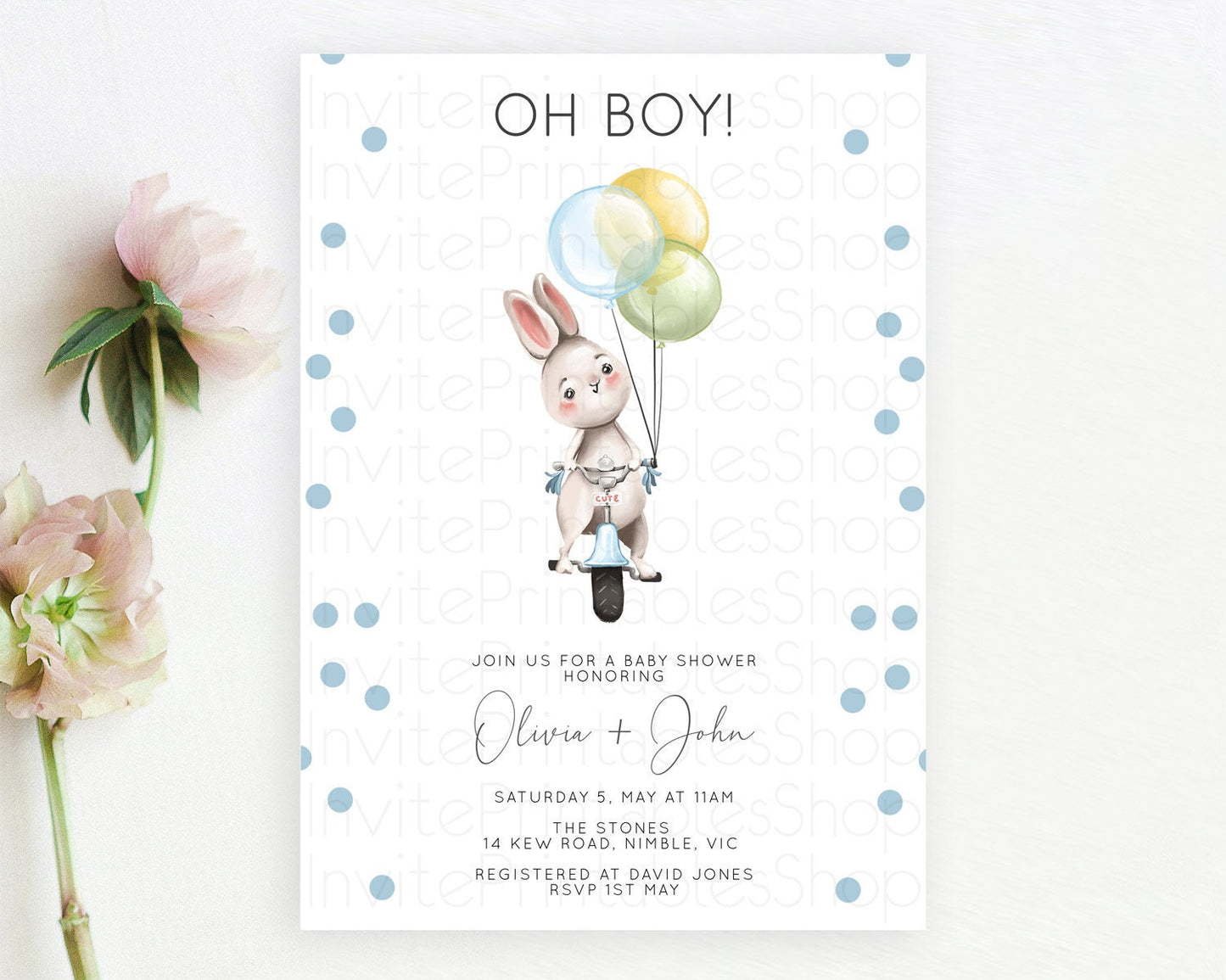 Bunny Baby Shower Invitation, Cute Rabbit Holding Balloons On a Trike with Colorful Confetti, Pastel Blue, Green, Yellow Theme Oh Boy D10783