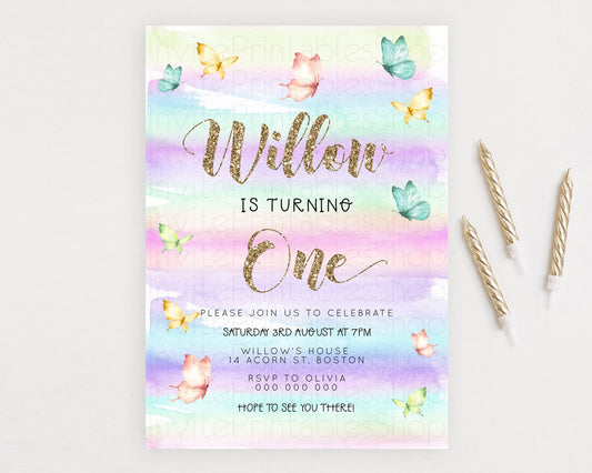 Pastel Butterfly Birthday Invitation Butterfly Birthday Invitation Colorful Splash Glitter Butterfly Garden 1st 2nd Birthday D23216