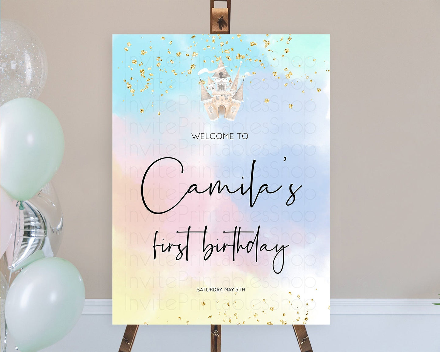 Princess Birthday Welcome Sign Pastel Princess Welcome Board Pastel Rainbow Colorful Enchanted Castle First Birthday Welcome Sign D10376