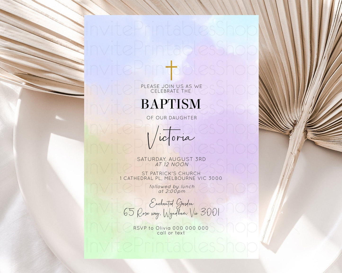 Pastel Baptism Invitation Pastel Colors Watercolor Baptism 1st Birthday Party Gold Ombre Pastel Rainbow Christening Holy Communion D10371