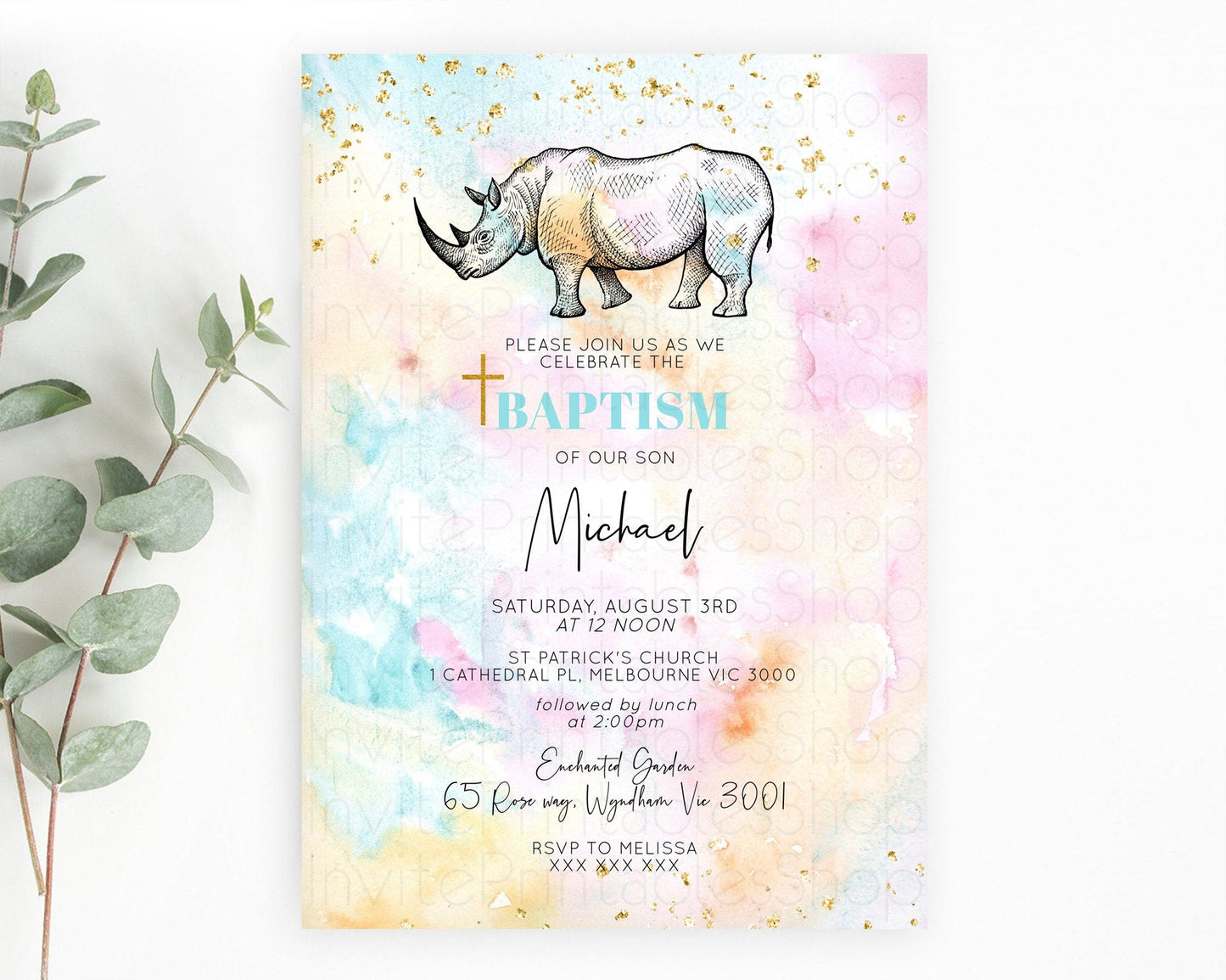 Rhino Baptism Invitation Rhino Baptism 1st Birthday Invitation Rhino Pastel Watercolor Rainbow Christening Invitation Religious D10287