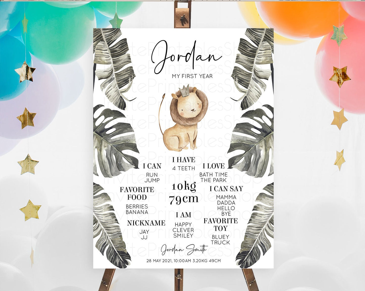 Lion First Birthday Milestone Board Lion Milestone Poster Lion Decor Safari Adventure Palm Leaf Lion First Birthday Welcome Sign D10599