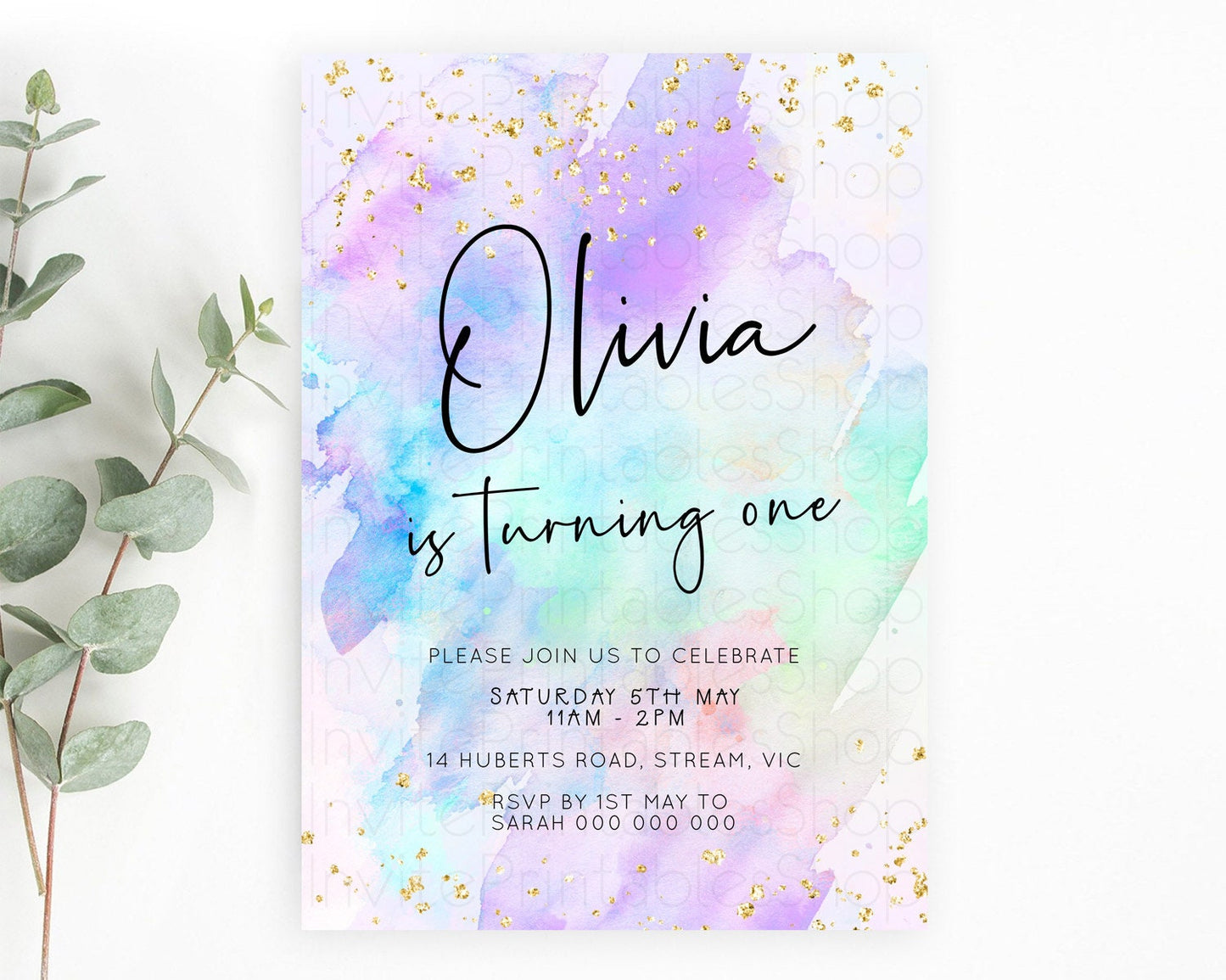 Pastel Birthday Invitation Ombre Watercolor Birthday Invitation Glitter Rainbow Color Splash 1st 2nd 3rd Birthday Invitation D23060