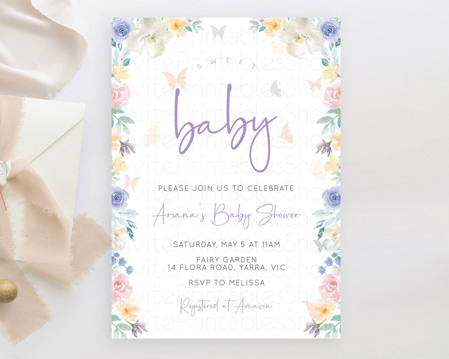 Wildflower Baby Shower Invitation Secret Garden Baby Shower Invitation Pastel Flowers Invite Enchanted Garden Shower Floral Theme D10710