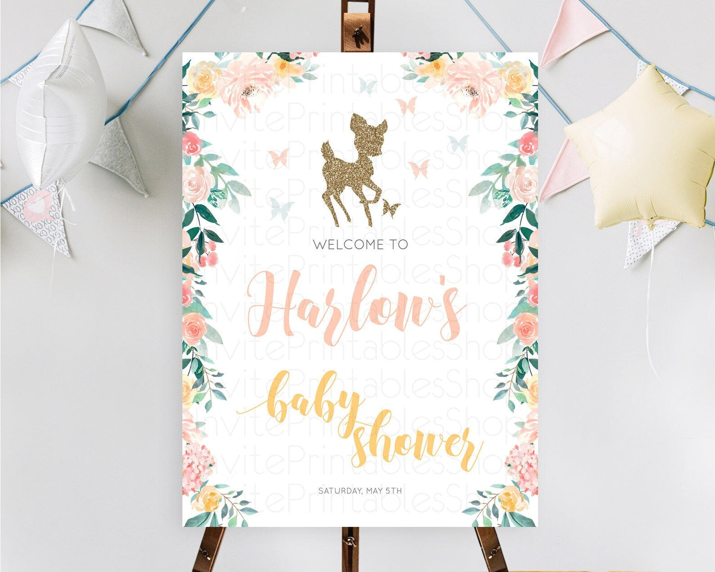 Fawn Baby Shower Welcome Sign Deer Welcome Board Floral Deer Welcome Poster Enchanted Forest Butterfly Pastel Floral Welcome Sign D10874