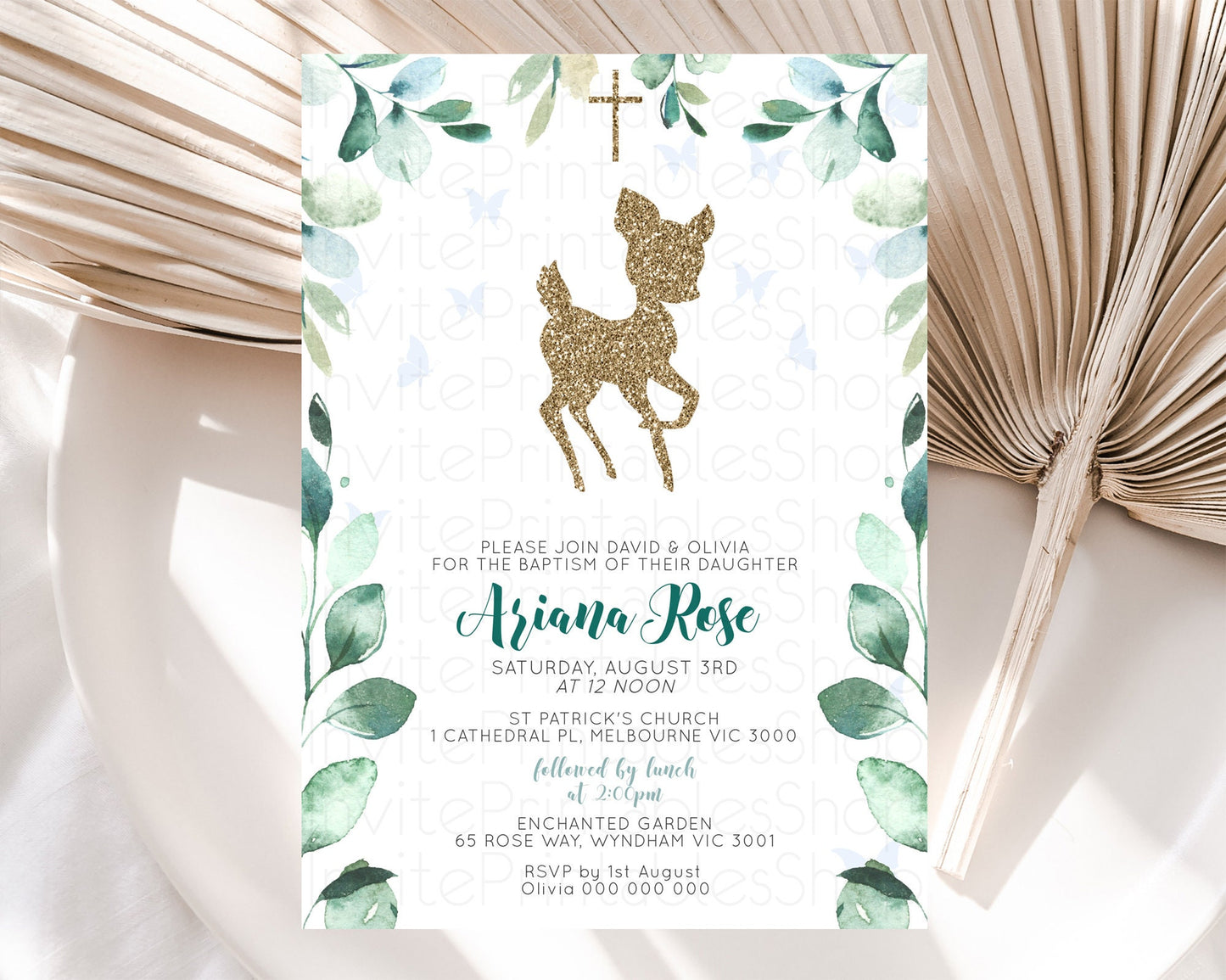 Fawn Baptism Invitation Deer Baptism 1st Birthday Invitation Enchanted Forest Christening Invitation Pastel Garden Butterfly Floral D10882