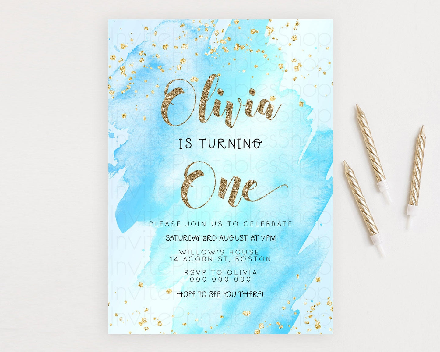 Blue Birthday Invitation Blue Watercolor Invitation Pastel Blue Watercolor Invitation Blue Splash Gold Invitation 1st First Birthday D23307