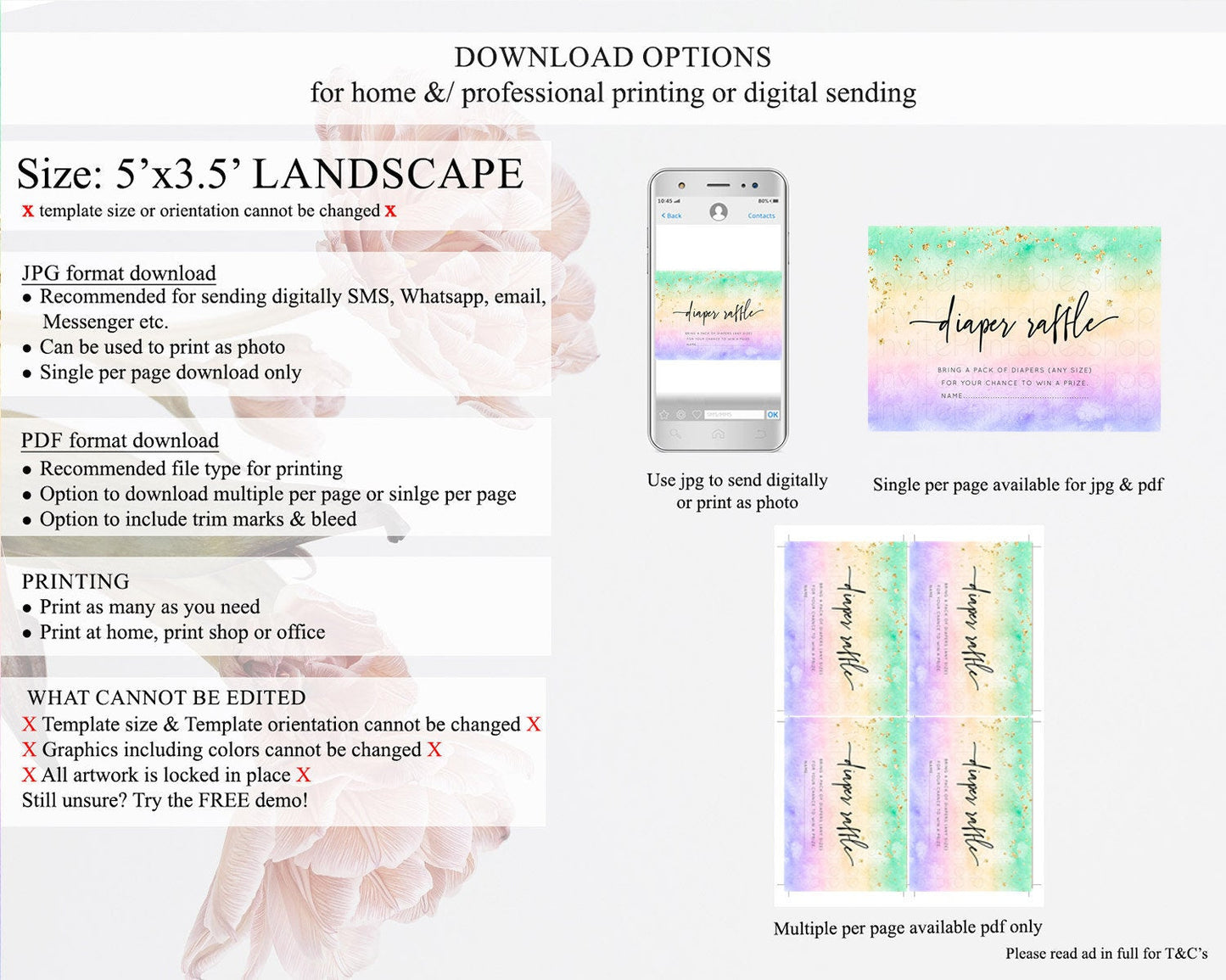 Pastel Diaper Raffle Card Pastel Rainbow Diaper Raffle Insert Colorful Ombre Watercolor Diaper Ticket Confetti Glitter Raffle Game D10485