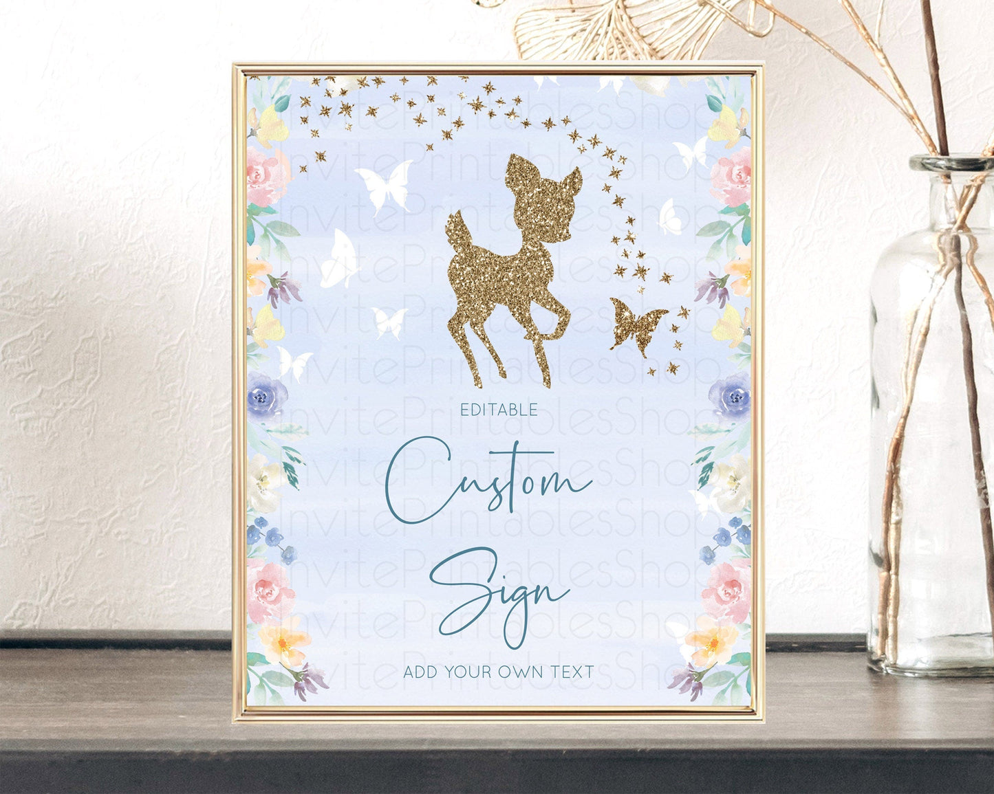 Fawn Deer Sign Pastel Floral Deer Table Sign Decor Enchanted Forest Butterfly Party 1st Birthday Baptism Baby Shower Bridal Shower D10879