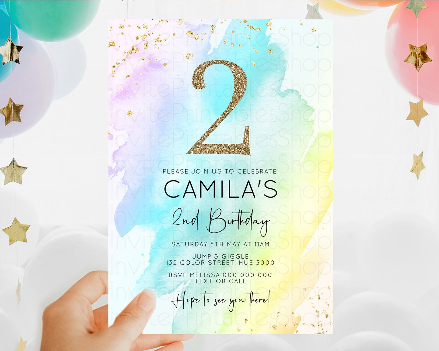 Rainbow Birthday Invitation Colorful Pastel Watercolor Invitation Gold Glitter Sprinkles Ombre Pastel 1st 2nd 3rd Birthday D10171