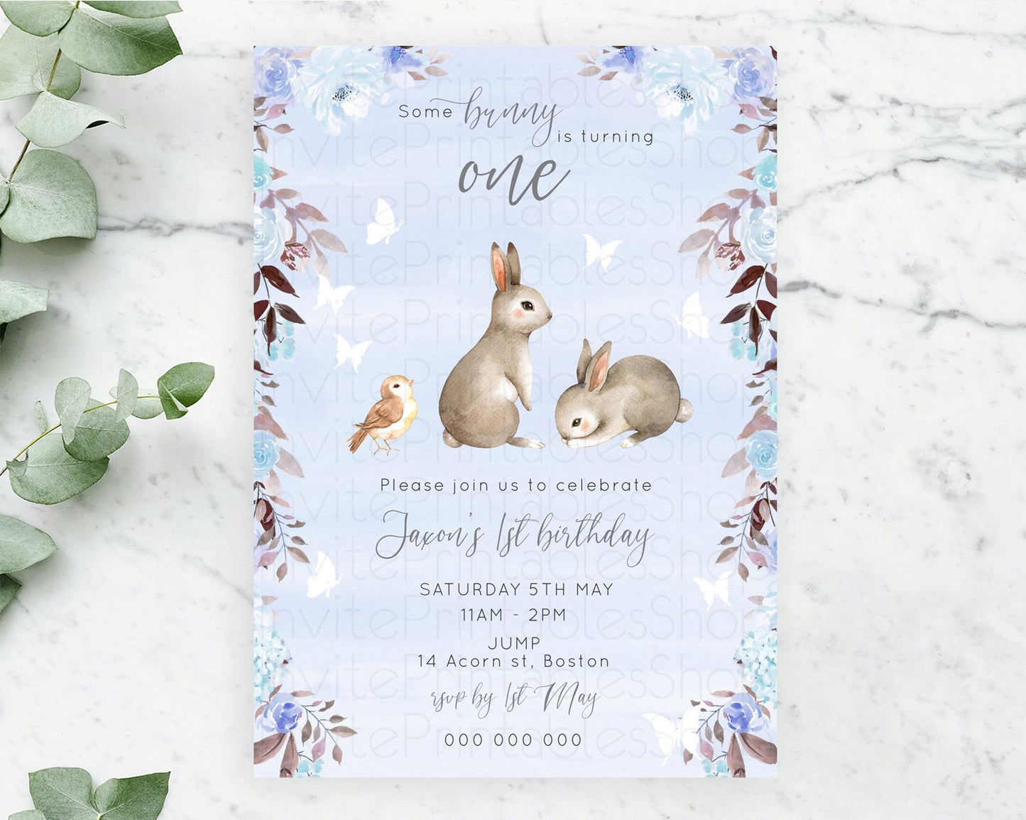 Bunny Birthday Invitation Floral Bunny Invitation Pastel Bunny Invites Pastel Watercolor Woodland Bunny Party 2nd 1st First Birthday D10923