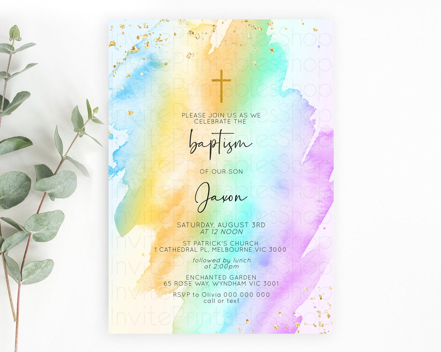 Pastel Baptism Invitation Pastel Colors Watercolor Baptism 1st Birthday Party Gold Ombre Pastel Rainbow Christening Holy Communion D10427