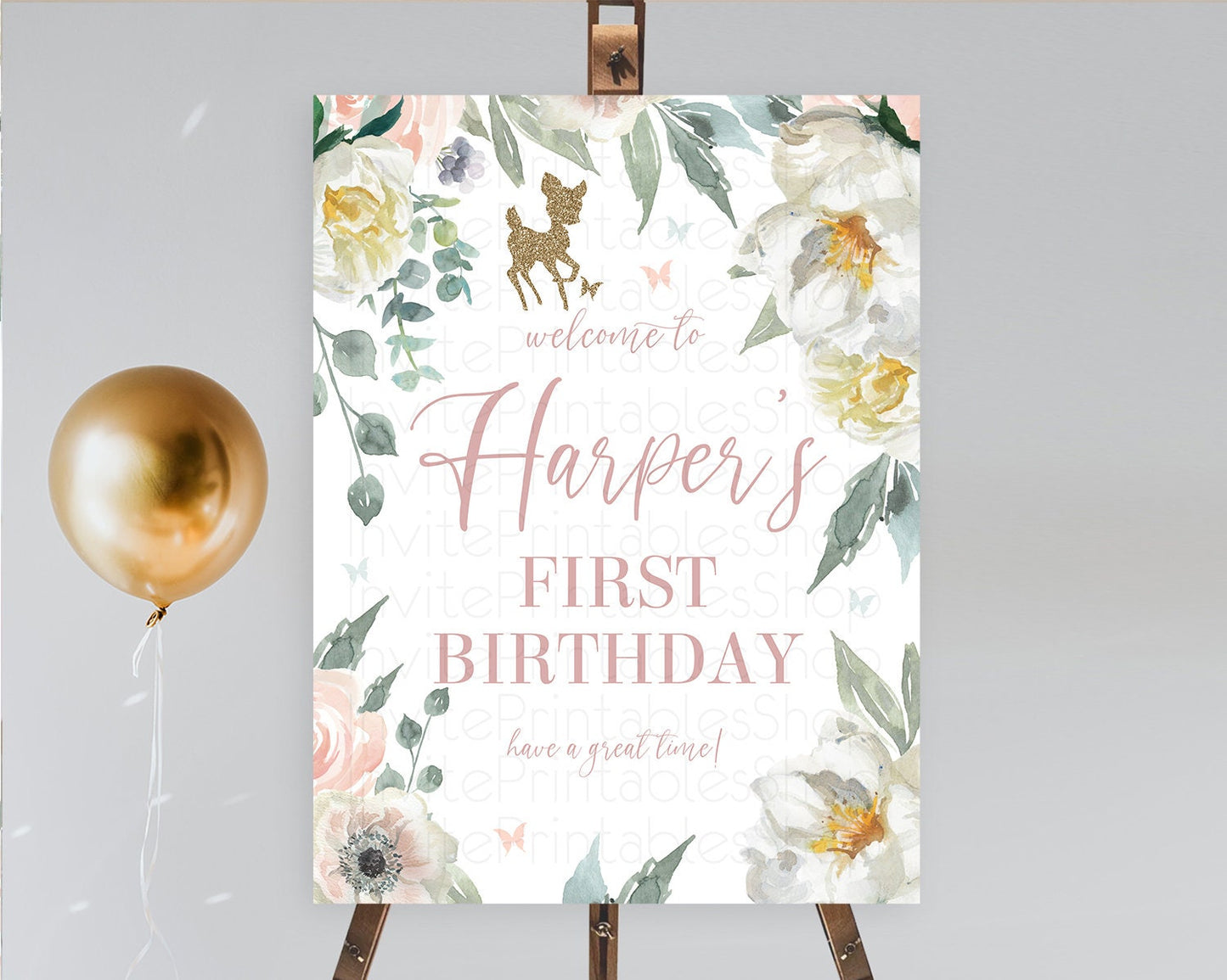 Fawn Welcome Sign Deer Welcome Board Floral Deer Welcome Poster Enchanted Forest Butterfly Pastel Floral First Birthday Welcome Sign D10120