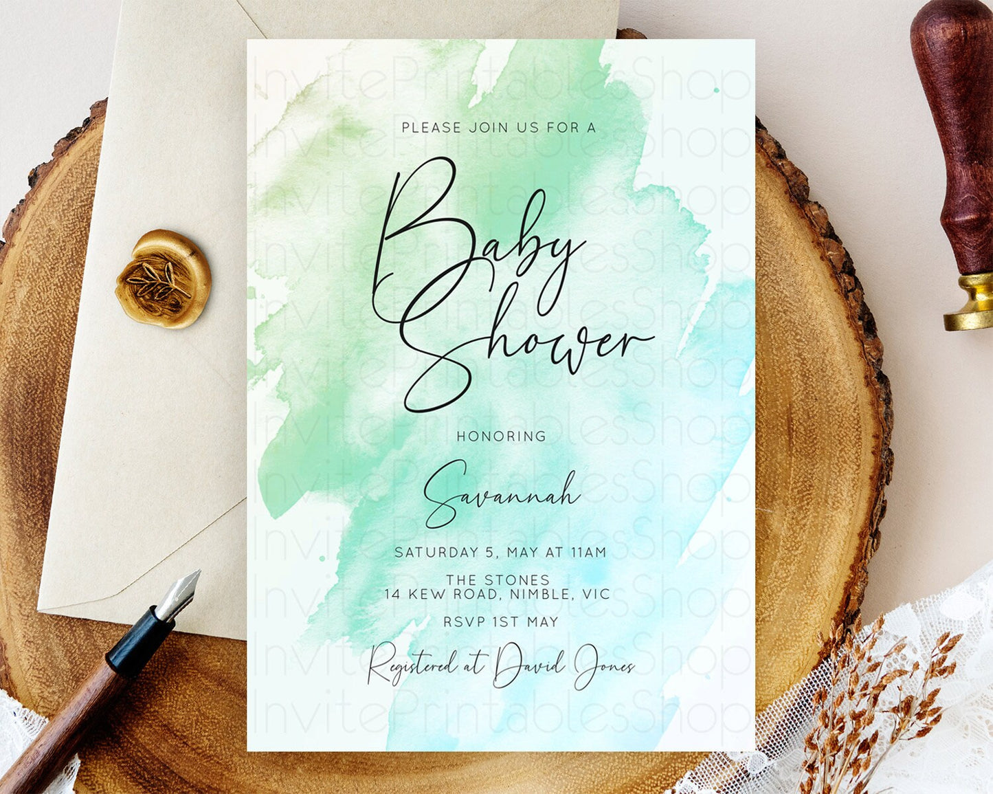 Green Baby Shower Invitation Green Watercolor Baby Shower Invitation Pastel Green Watercolor Invitation Green Splash Gold Invitation D10166