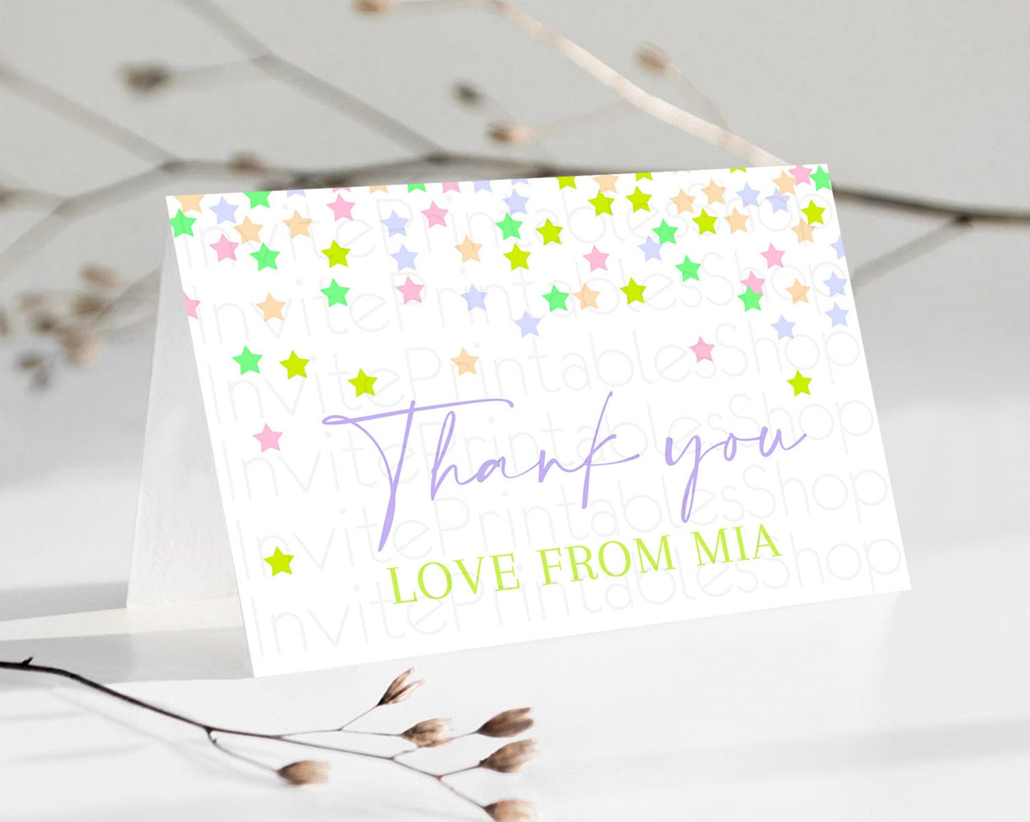 Star Thank You Card Pastel Stars Thank You Shooting Star Rainbow Colorful Confetti Twinkle Little Star Birthday Teacher Thank You D10396