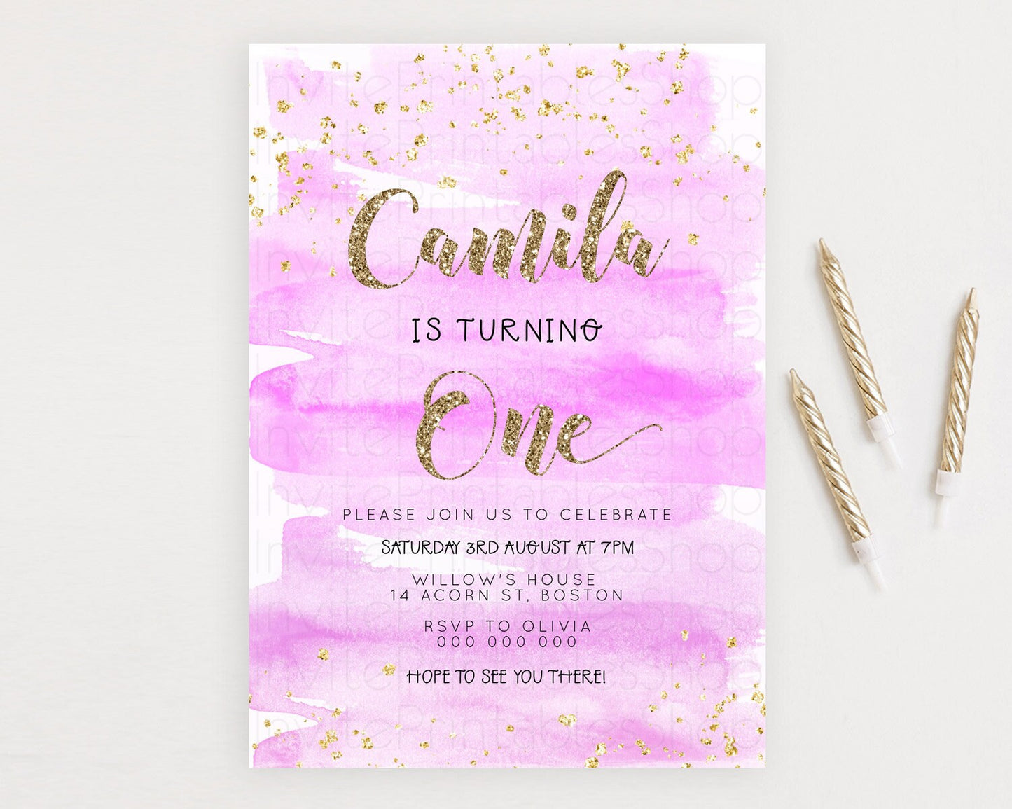 Pink Birthday Invitation pink Watercolor Invitation Pastel pink Watercolor Invitation pink Splash Gold Invitation 1st First Birthday D23279