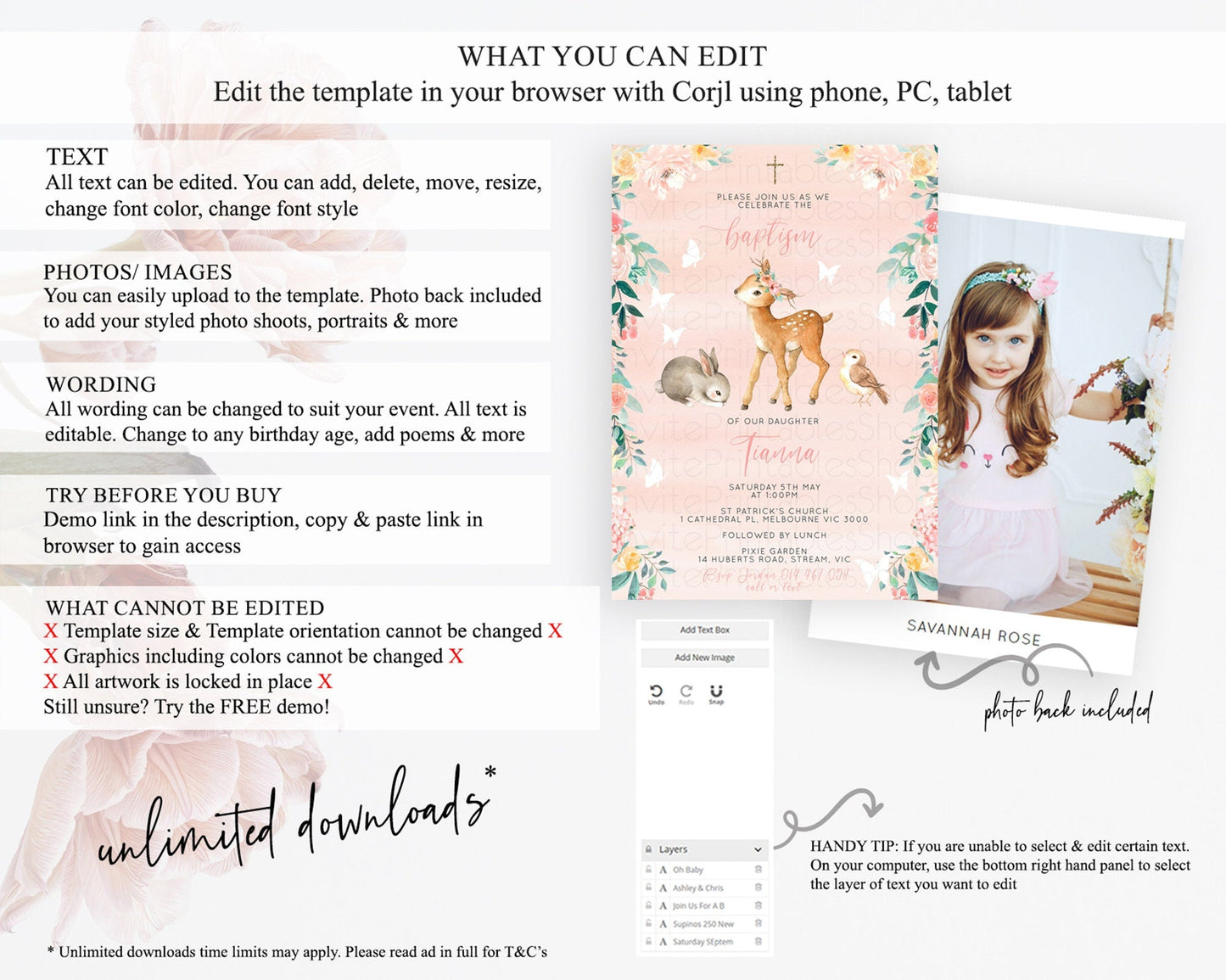 Fawn Baptism Invitation Deer Baptism 1st Birthday Invitation Enchanted Forest Christening Invitation Pastel Garden Butterfly Floral D10921