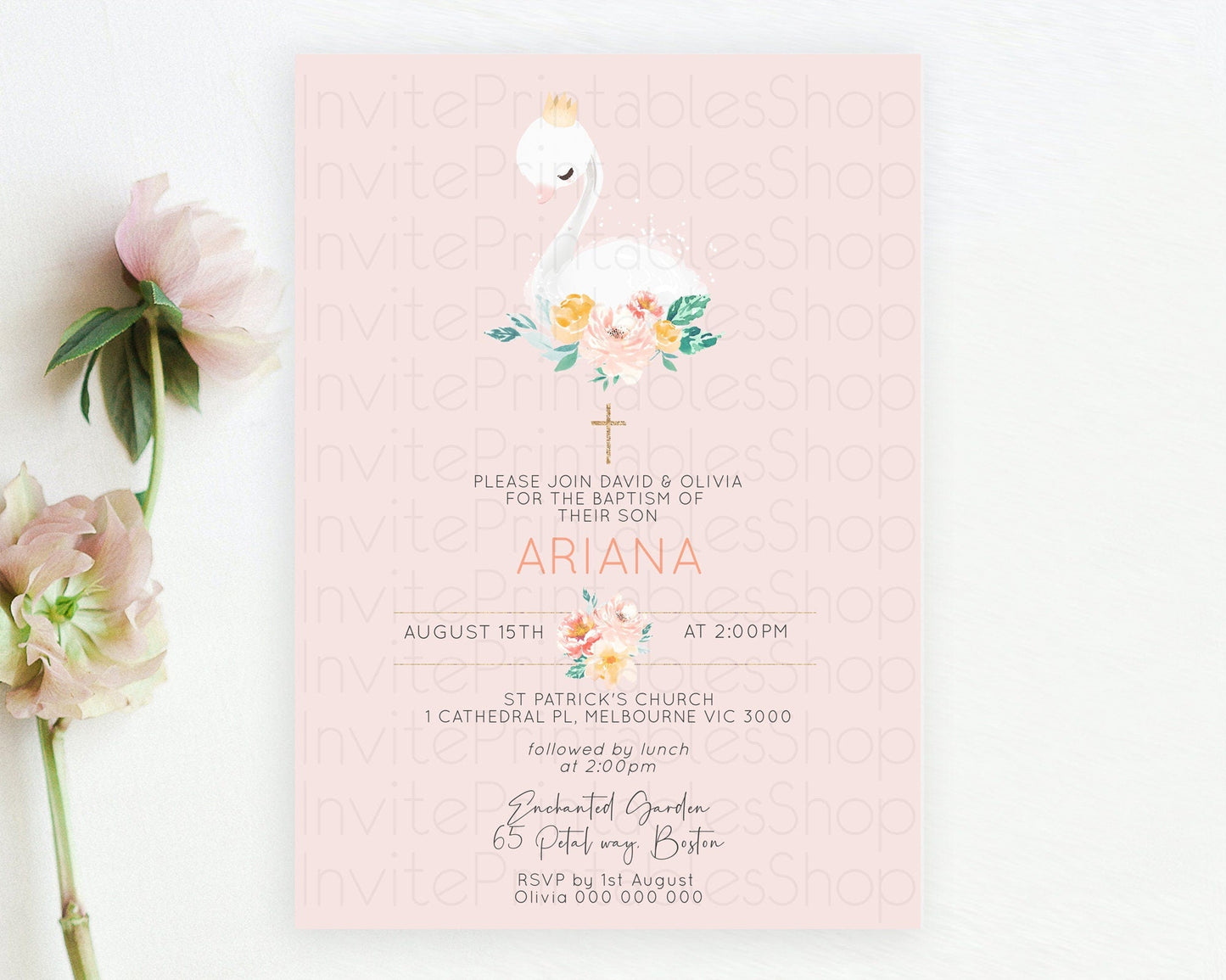 Swan Lake Baptism Invitation Swan Princess Ballet Baptism 1st Birthday Enchanted Forest Secret Garden Watercolour Pastel Floral D10388
