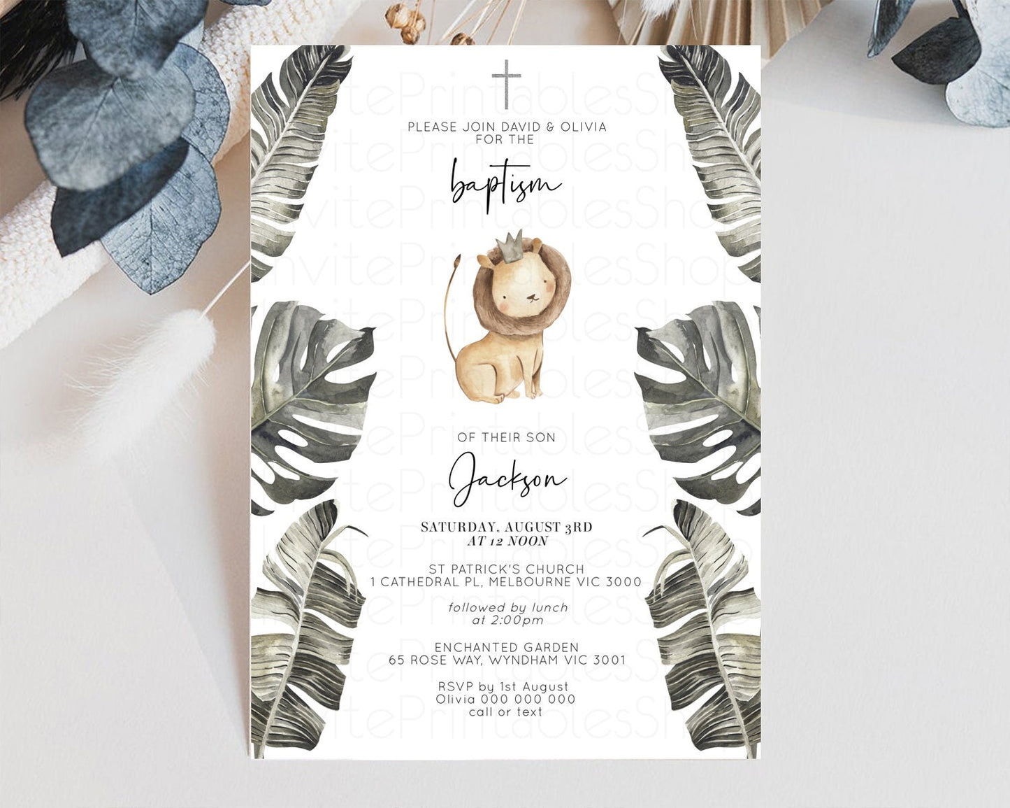 Cute Lion Baptism Invitation Baby Lion Cub Christening Invitation Watercolor Safari Jungle Baby Lion Palm Leaf Holy Communion 584