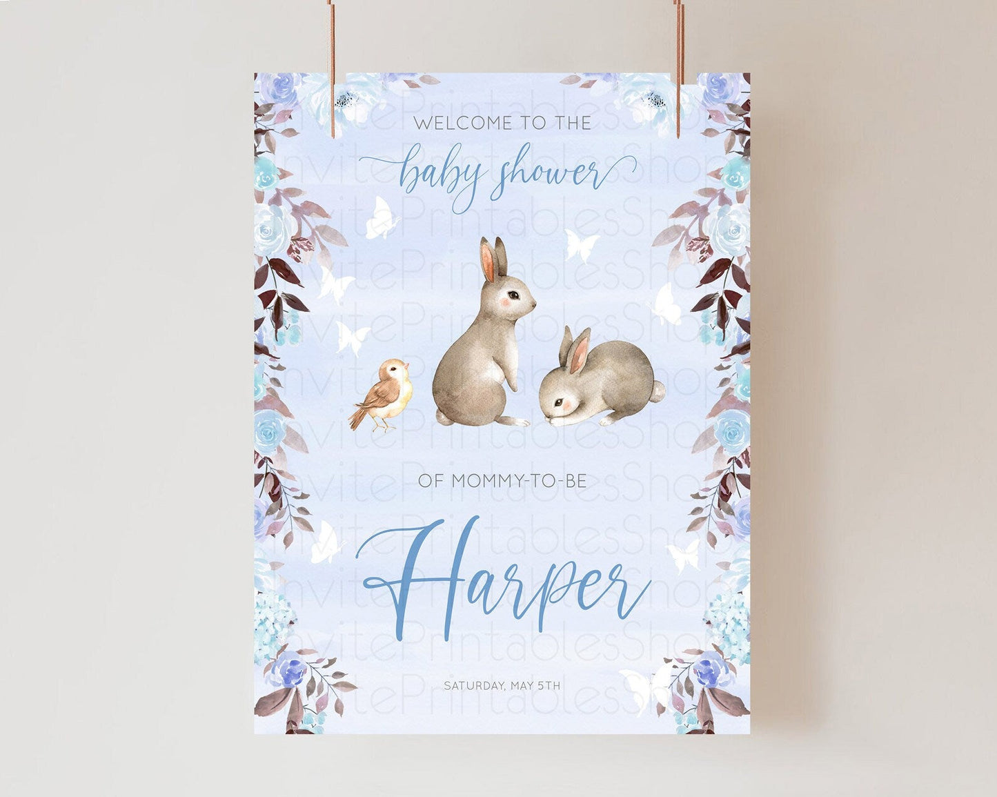 Bunny Baby Shower Welcome Sign Floral Bunny Welcome Board Pastel Flowers Woodland Bunny Welcome Poster Forest Bunny Welcome Sign D10923