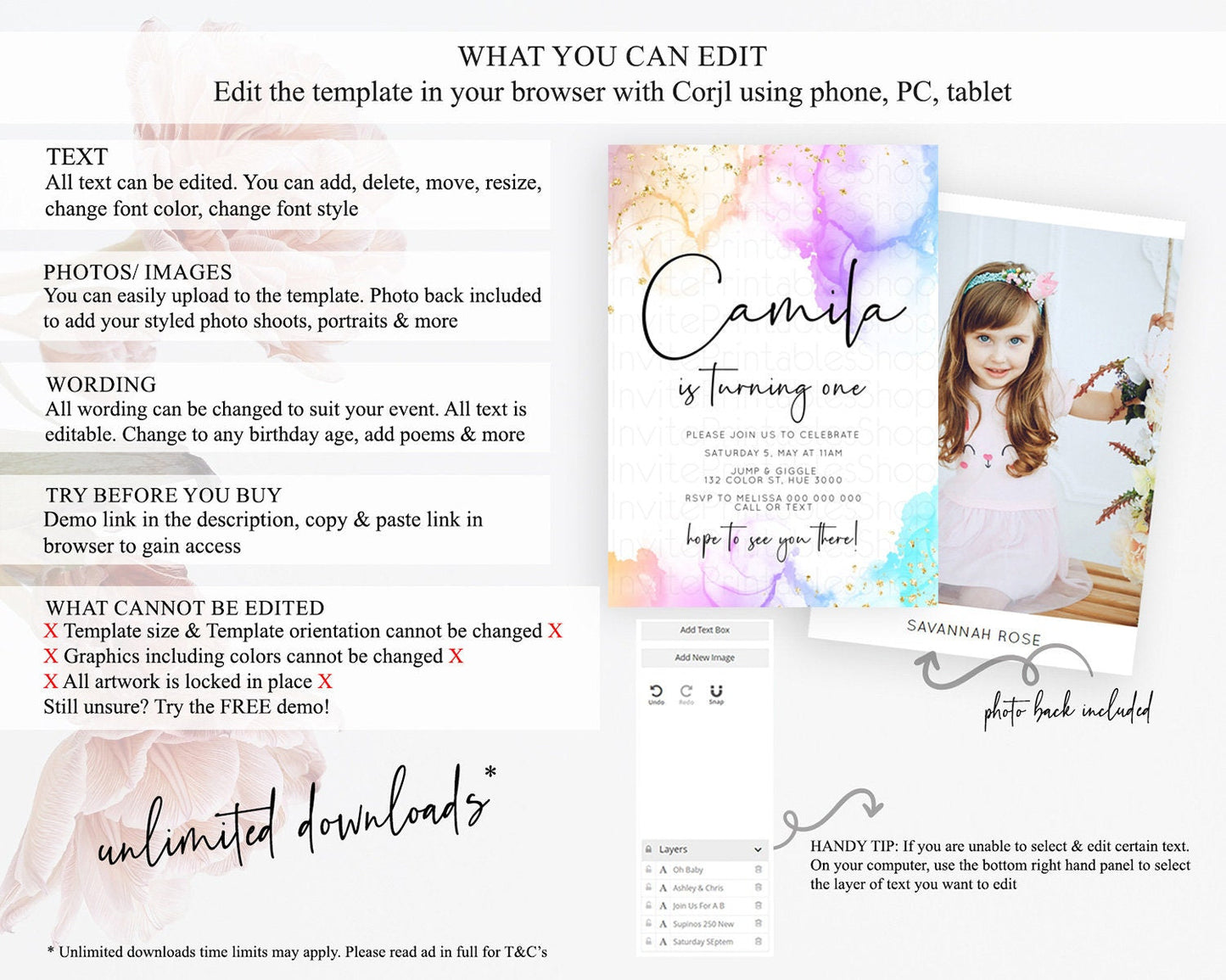 Rainbow Birthday Invitation Colorful Pastel Watercolor Invitation Gold Glitter Sprinkles Ombre Pastel 1st 2nd 3rd Birthday D10180