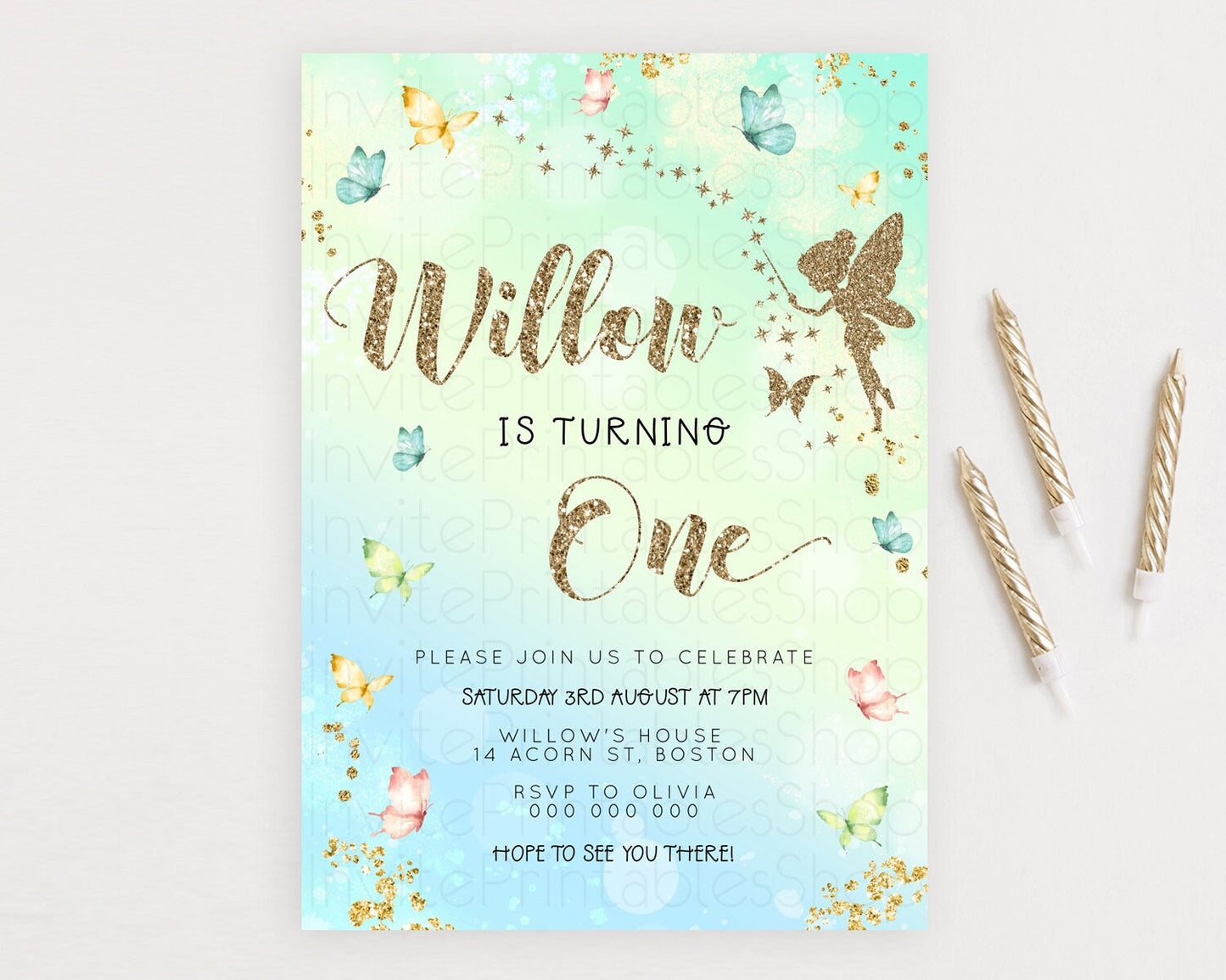 Pastel Fairy Birthday Invitation Pastel Butterflies Fairy Birthday Invitation Rainbow Ombre Watercolor 1st 2nd Birthday Invitation D23150
