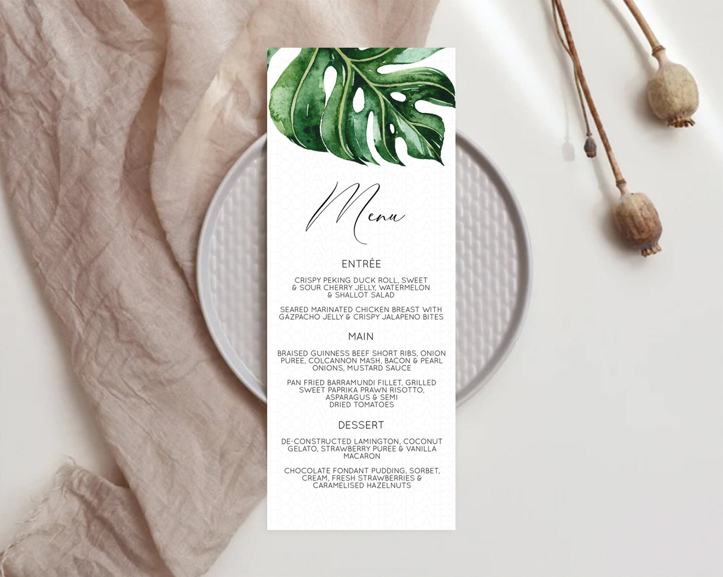 Tropical Menu Template Tropical Menu Palm Leaf Fern Table Decor Frangipani Floral White Orchid Dinner Dessert Menu Party Food Menu D11056