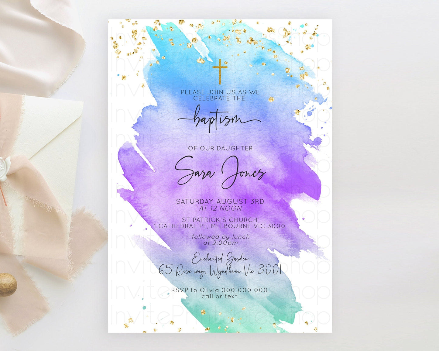 Pastel Baptism Invitation Pastel Colors Watercolor Baptism 1st Birthday Party Gold Ombre Pastel Rainbow Christening Holy Communion D10491