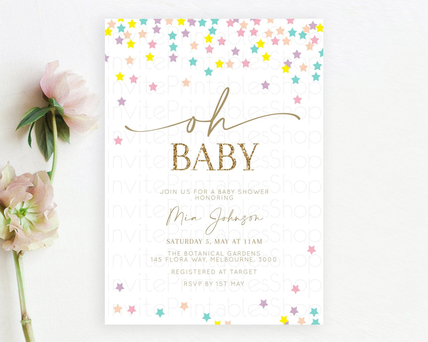 Twinkle Star Baby Shower Invitation Pastel Twinkle Star Invitation Rainbow Pastel Colorful Confetti Twinkle Little Star Baby Shower D10601