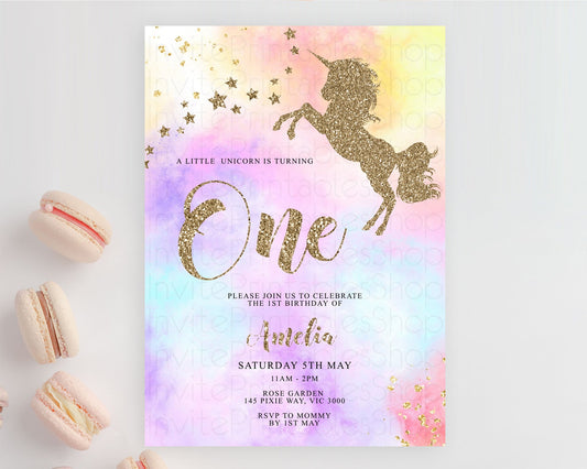 Unicorn Rainbow Birthday Invitation Pastel Birthday Invite Magical Ombre Invite Colorful Watercolor Invite Glitter Sprinkle Party D10435