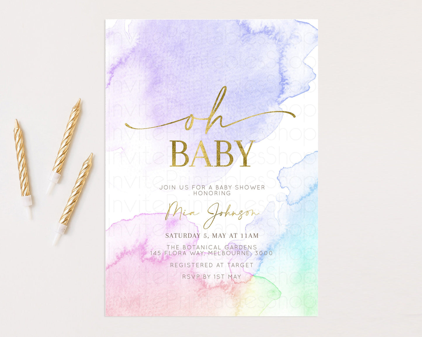 Rainbow Baby Shower Invitation Pastel Watercolor Invitation Ombre Splash Invite Glitter Confetti Sprinkles Colorful Gender Neutral 193