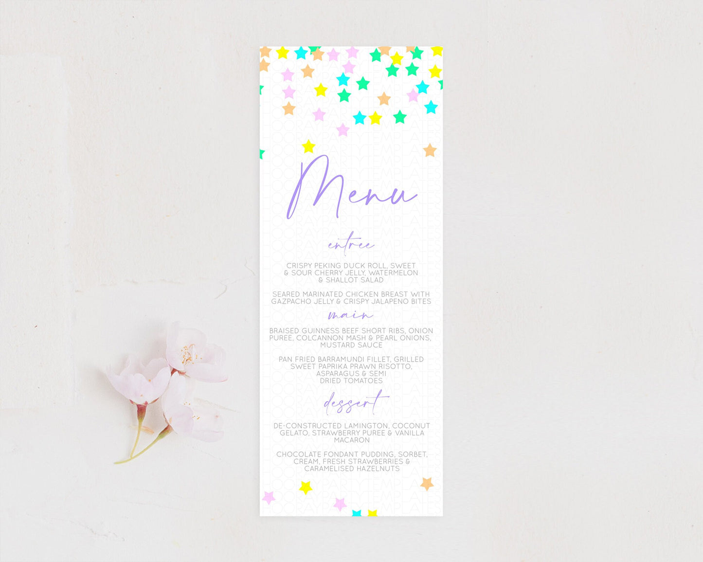 Star Menu Template Pastel Stars Menu Shooting Star Twinkle Little Star Decor Rainbow Colorful Confetti Dinner Dessert Food Menu D10395