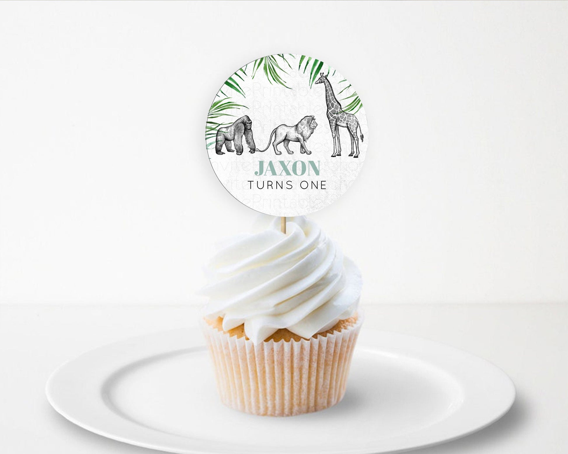 Editable Safari Cupcake Toppers Lion Gorilla Elephant Rhino Tropical Palm D??