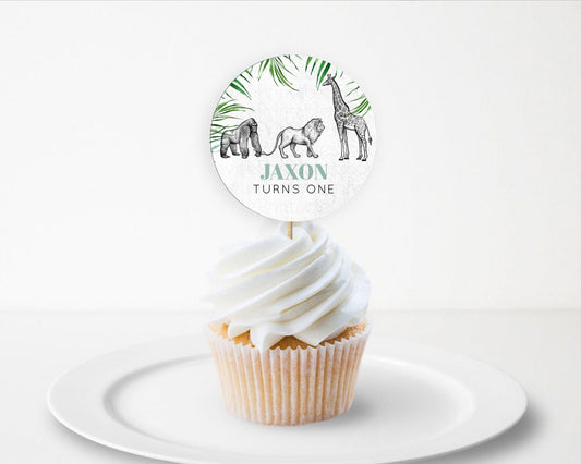Editable Safari Cupcake Toppers Lion Gorilla Elephant Rhino Tropical Palm D??