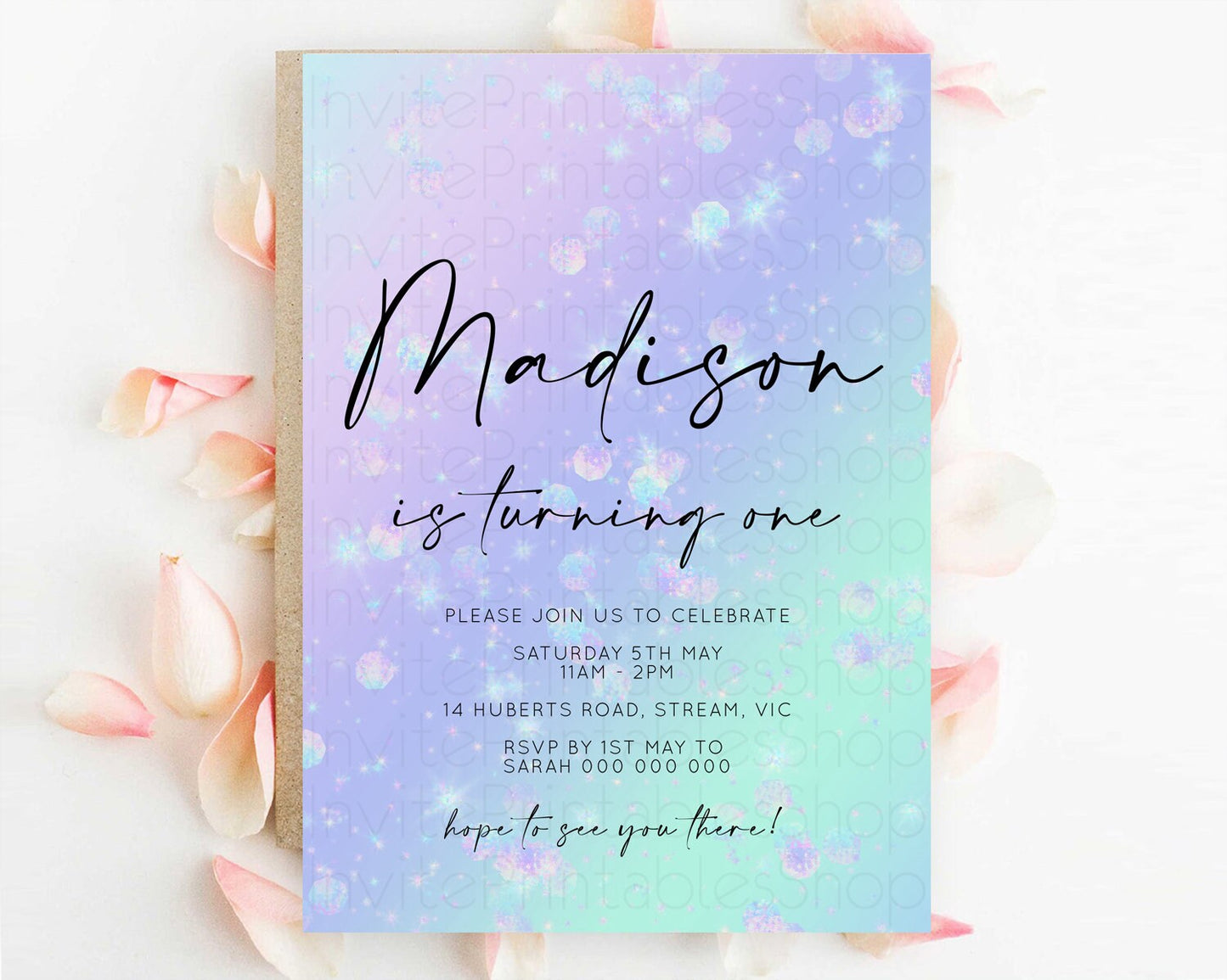 Rainbow Birthday Invitation Colorful Pastel Watercolor Iridescent Glitter Sprinkles Ombre Pastel Invitation 1st 2nd First Birthday D10663