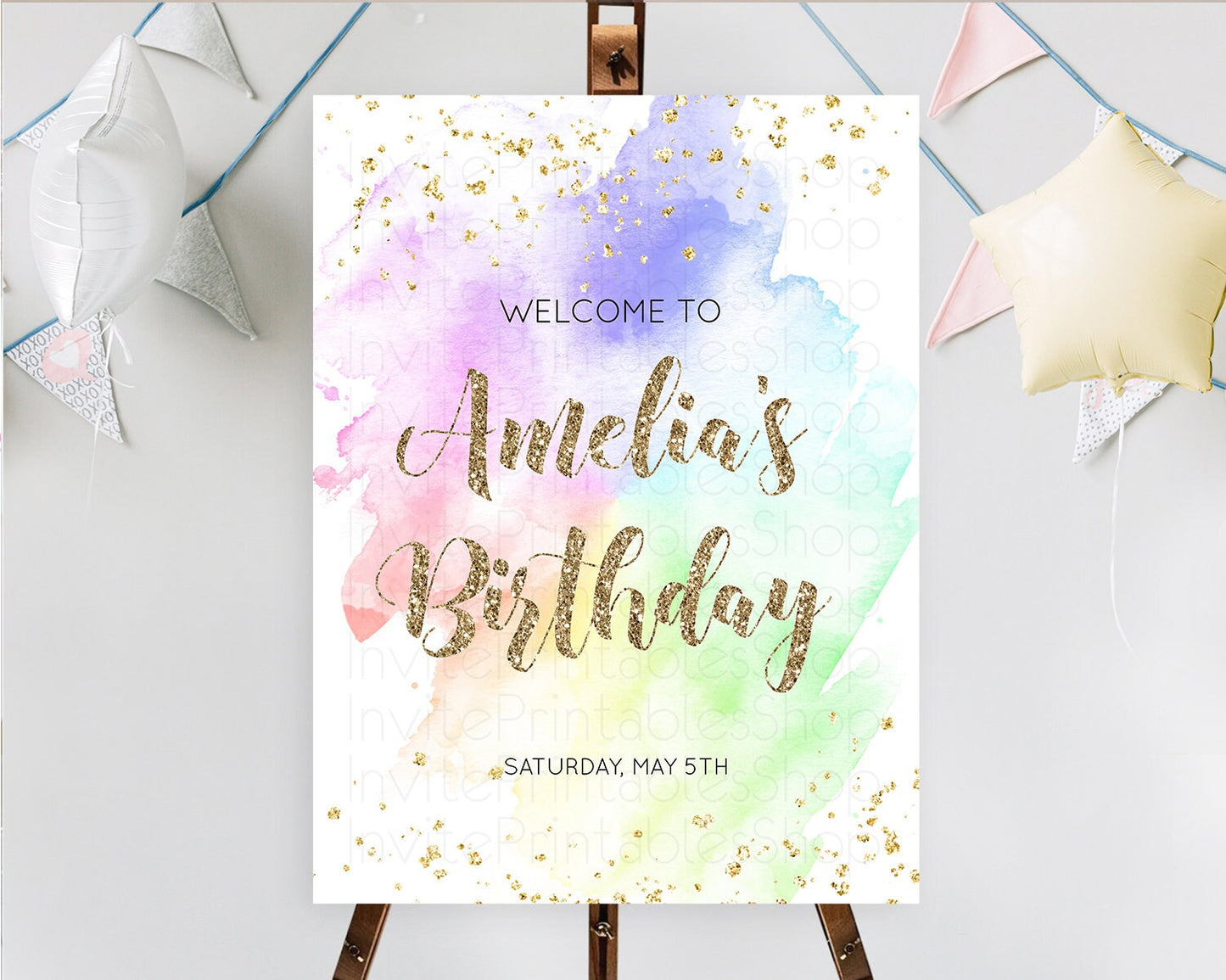 Pastel Welcome Sign Pastel Rainbow Welcome Sign Colorful Rainbow Confetti Watercolor Glitter Pastel First Birthday Welcome Sign D10319