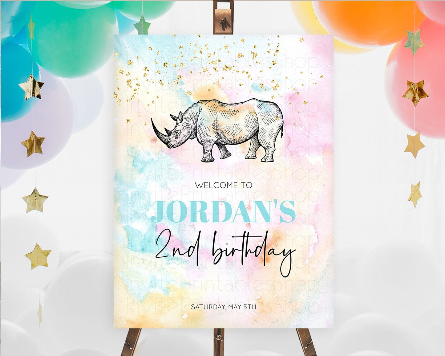 Pastel Rhino Welcome Sign Rainbow Rhino Welcome Board Colorful Rainbow Pastel Confetti Watercolor First Birthday Welcome Sign D10287
