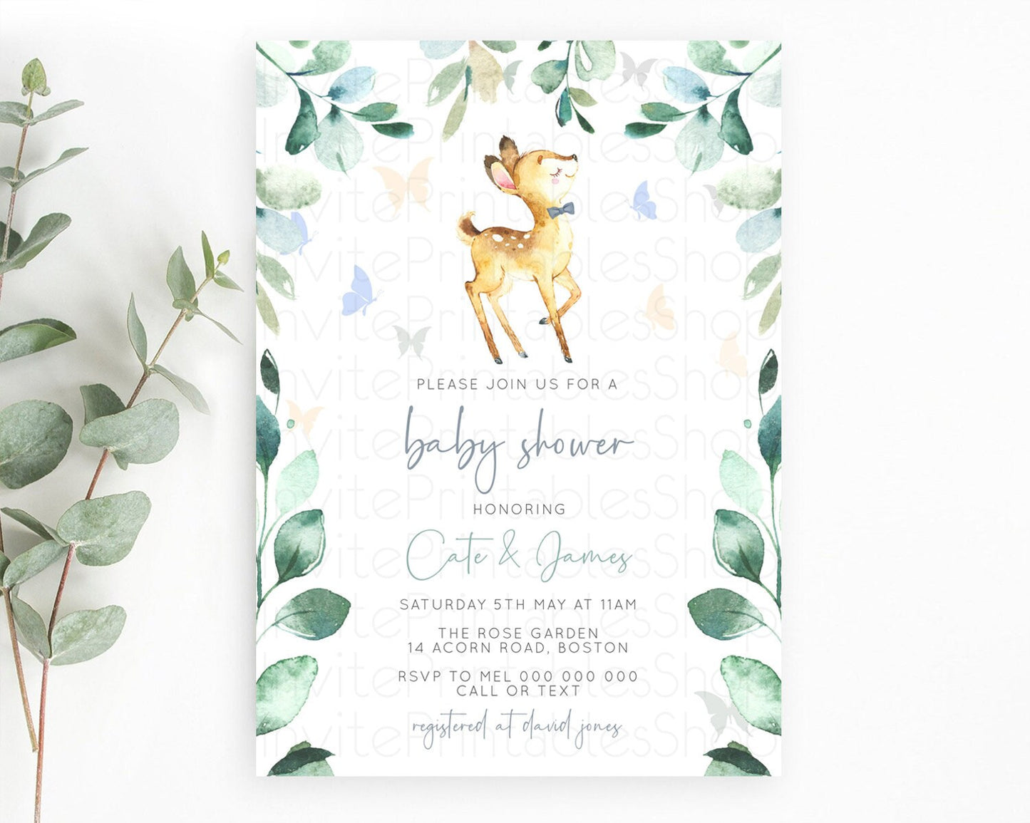 Fawn Baby Shower Invitation Deer Baby Shower Invites Enchanted Forest Theme Butterfly Pastel Flowers Whimsical Baby Shower D10767