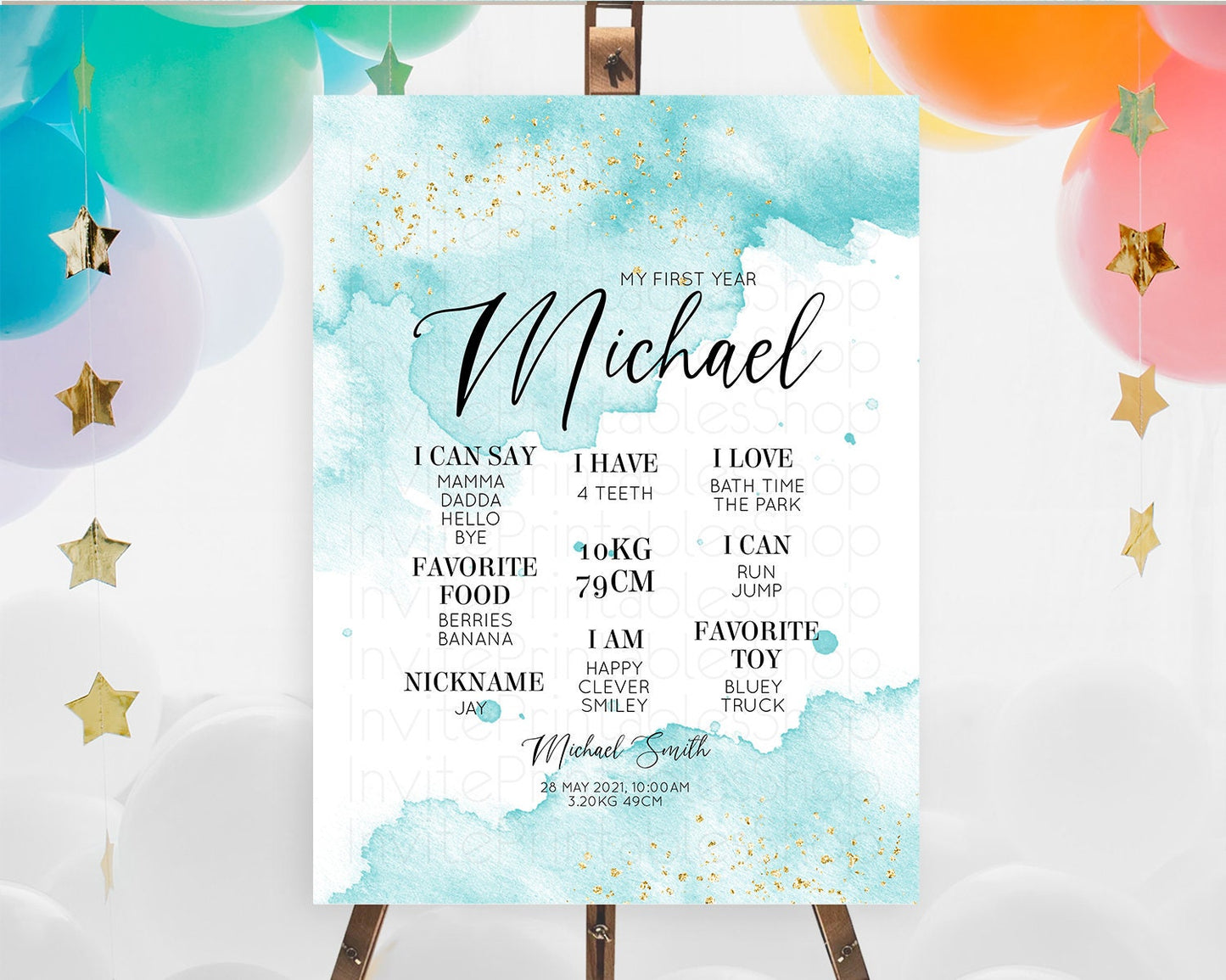 Blue First Birthday Milestone Poster Blue Watercolor Milestone Board Pastel Blue Watercolor Splash Milestone Board 1st Birthday Sign D10329