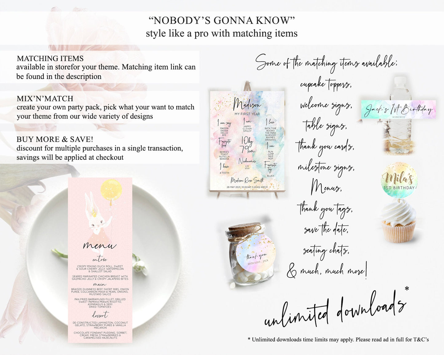 Bunny Menu Bunny Balloon Menu Template Colorful Pastel Confetti Table Decor Sprinkles Bunny Dinner Dessert Menu Party Food Menu D10219