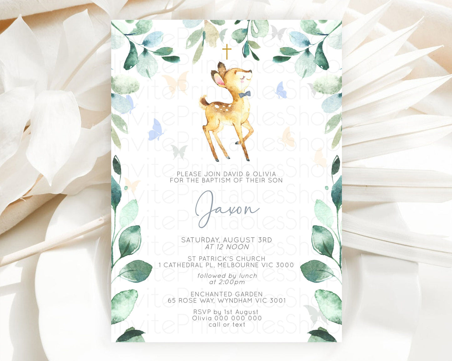 Fawn Baptism Invitation Deer Baptism 1st Birthday Invitation Enchanted Forest Christening Invitation Pastel Garden Butterfly Floral D10767