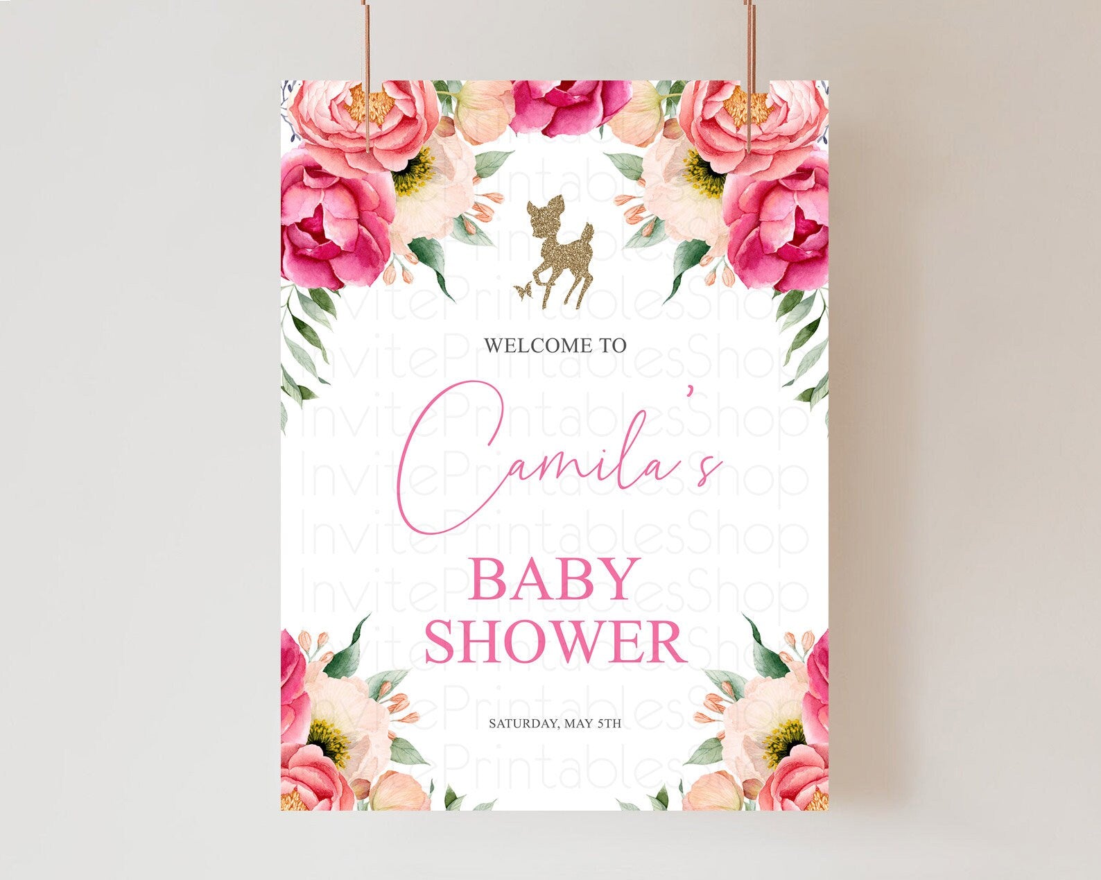 Editable Fawn Baby Shower Welcome Sign Deer Welcome Board Floral Deer Welcom
