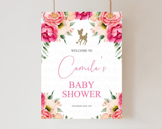 Editable Fawn Baby Shower Welcome Sign Deer Welcome Board Floral Deer Welcom