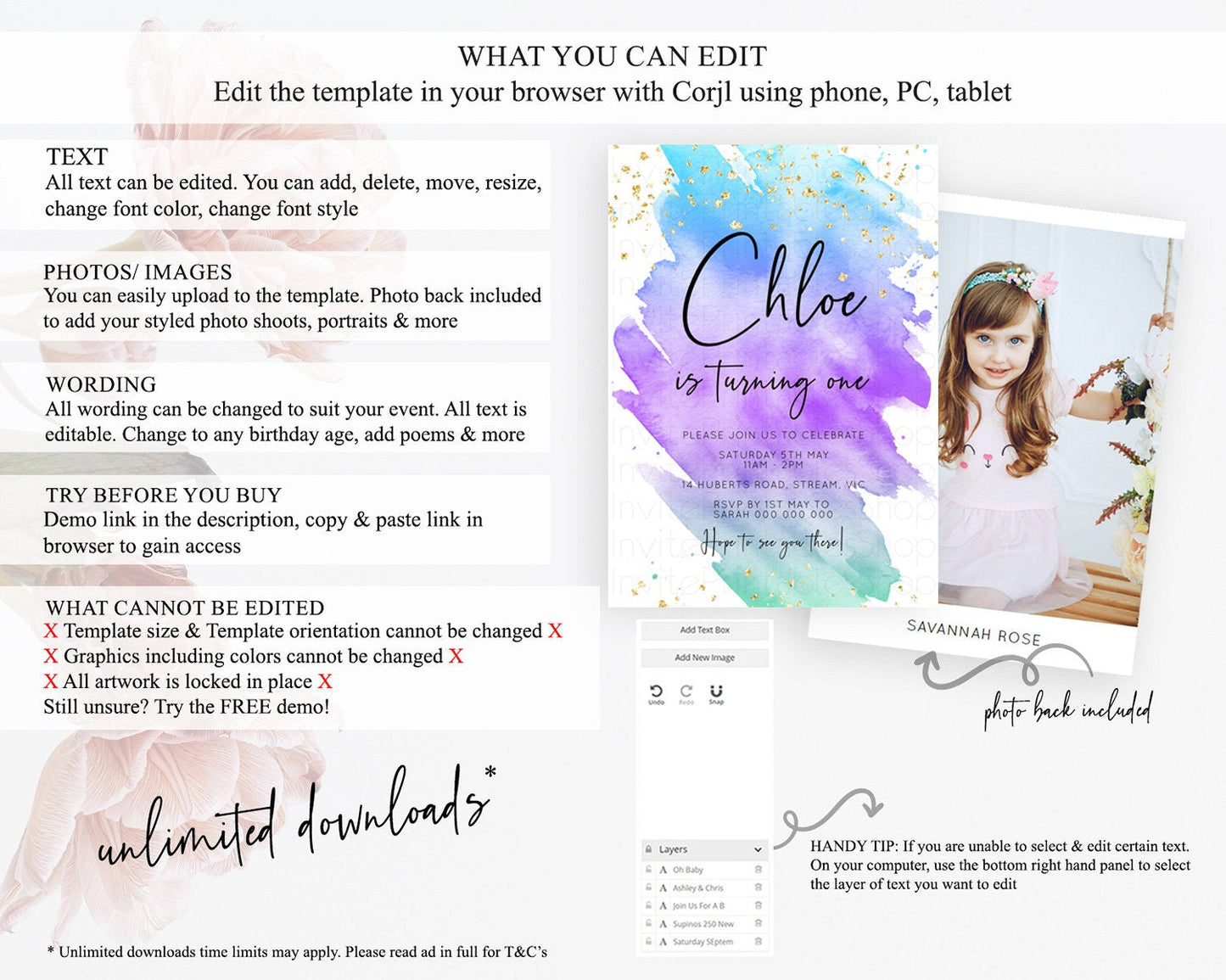 Rainbow Birthday Invitation Colorful Pastel Watercolor Invitation Gold Glitter Sprinkles Ombre Pastel 1st 2nd 3rd Birthday D10491